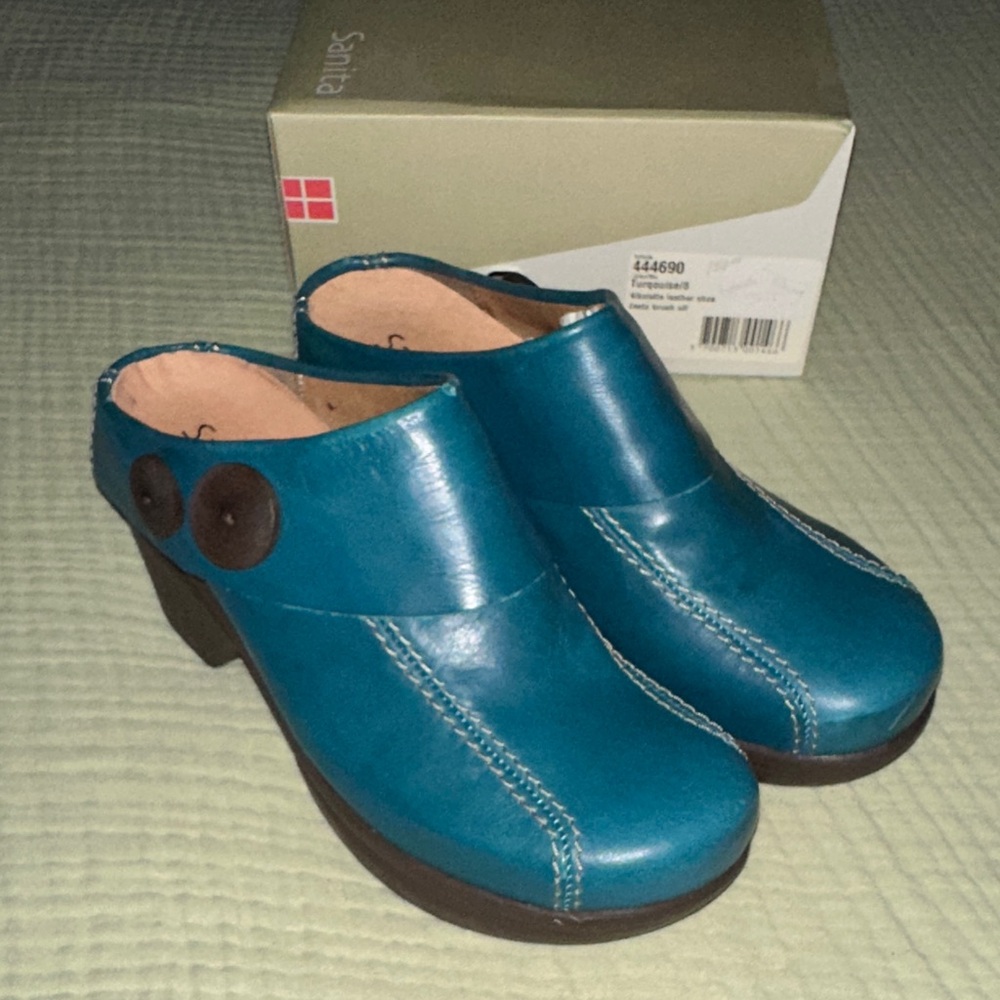 Sanita Teal Leather Mules with Brown Accents